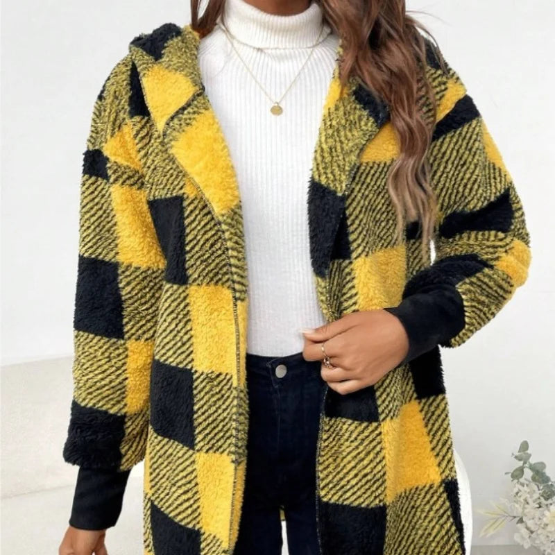 Frauen Herbst Winter Doppel Fleece Plaid Strickjacke Weiche Lose Lange Hülse Plüsch Warme Mit Kapuze Jacke Weibliche Patchwork Oberbekleidung Mantel