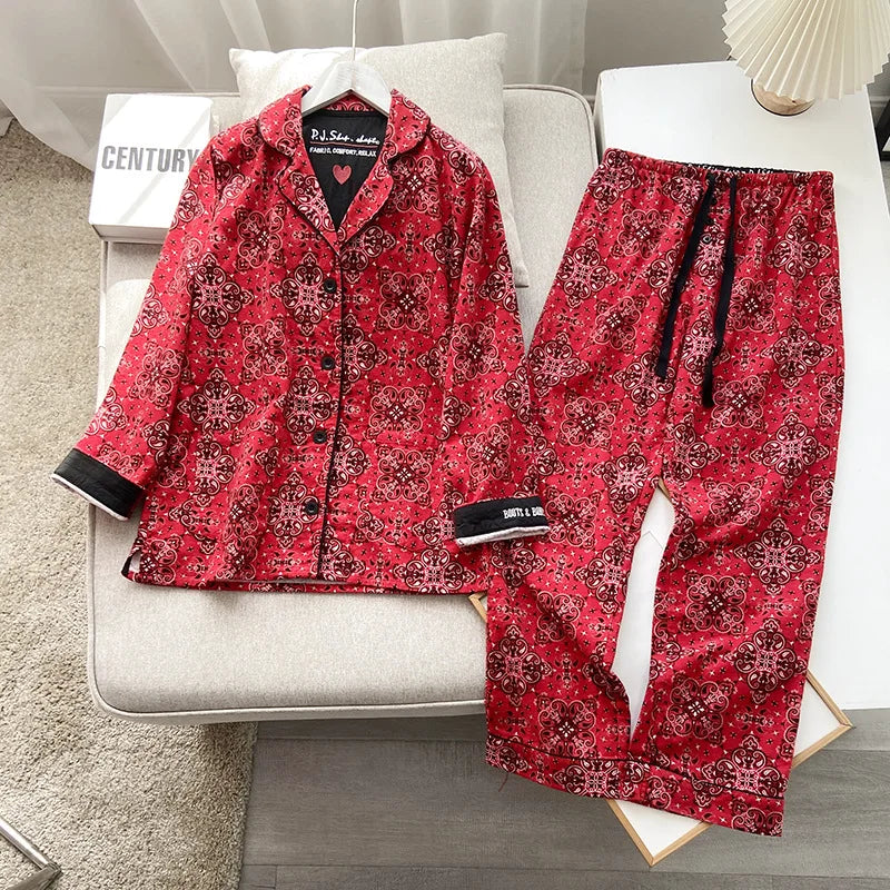 2025 New Pajamas Suit Cotton 2 Piece Set Women Print Cartoon Nightwear Long Sleeve Trousers Set Autumn Loungewear Home Clothes.