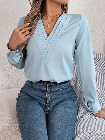 Summer And Autumn Women's Casual Shirt, Commuting Style Solid Color V-neck Long Sleeve Shirt Top