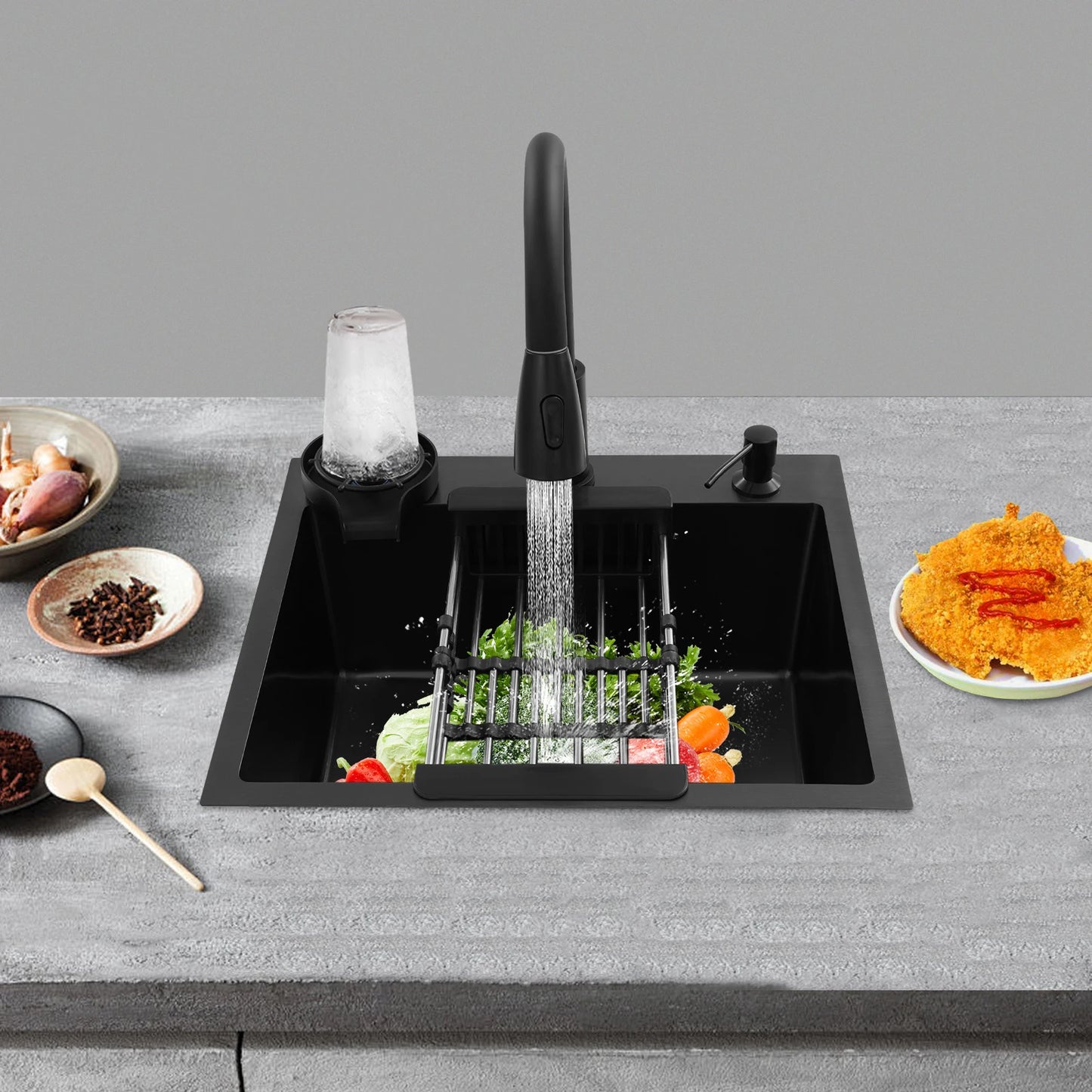 Multifunktionales Küchenspülbecken aus Edelstahl, rechteckiges schwarzes Küchenspülbecken mit ausziehbarem Wasserhahn und 300 ml Seifenspender