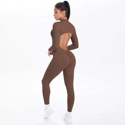 Women's Long Yoga Bodysuit with Half-Zip Sexy Back & Butt Lift for Fitness Running Outdoor Sportswear