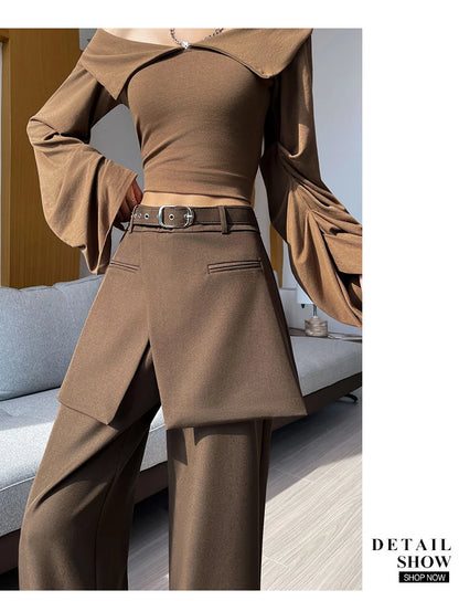 Design Style Fake Two-piece Curtain Suit Pants Women Fall High Waisted Wide Leg Trouser Office Ladies High Quality Straight Pant.