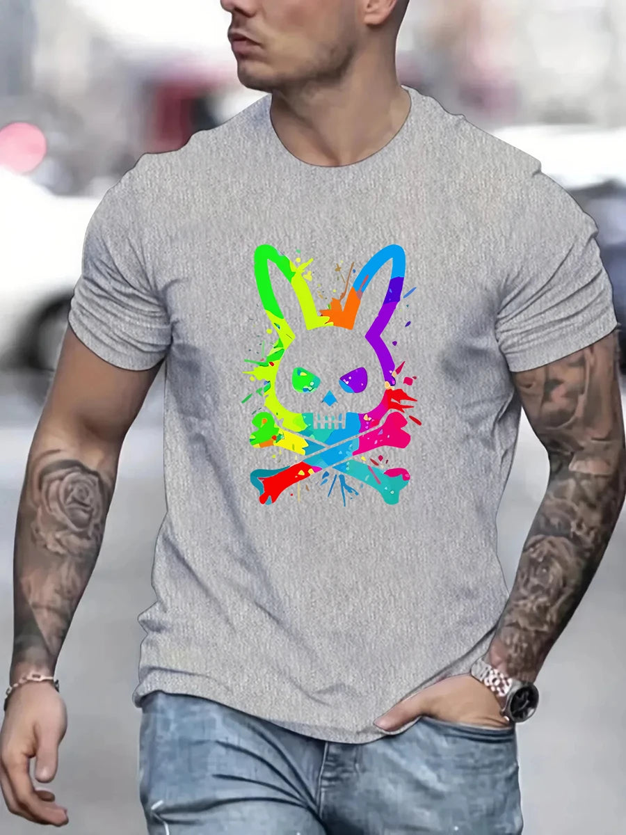 Men's summer 100% pure cotton fashionable casual loose color skull and rabbit print sports round neck short sleeved T-shirt top.