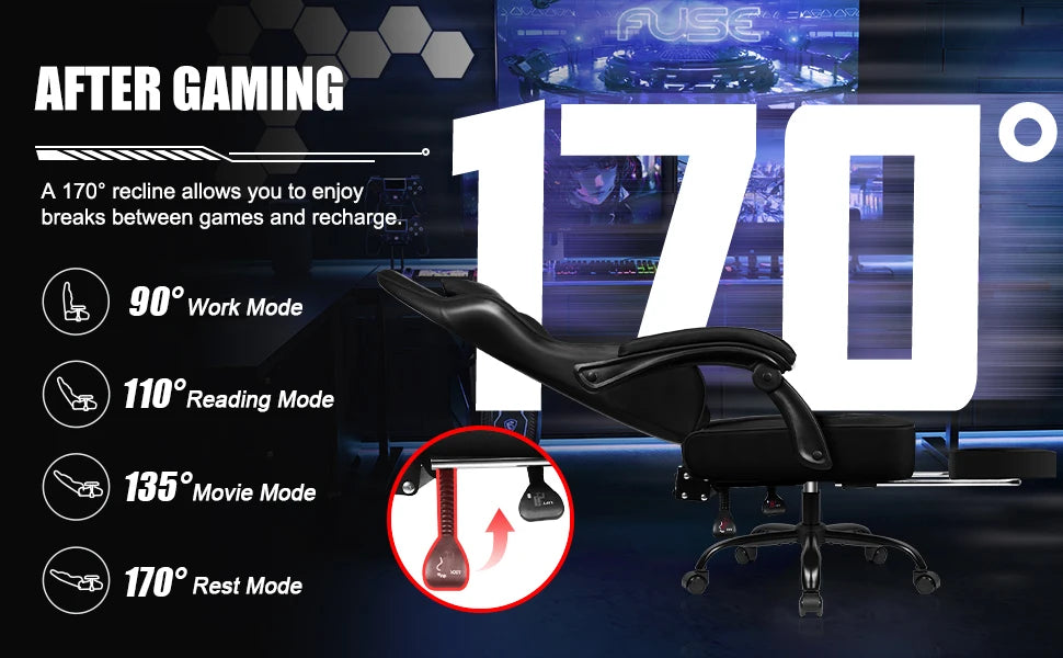 Daccormax Ergonomischer Gaming-Stuhl mit verstellbarer Lordosenstütze und Kopfstütze, Design mit hoher Rückenlehne + faltbarer Fußstütze für PC-Gamer