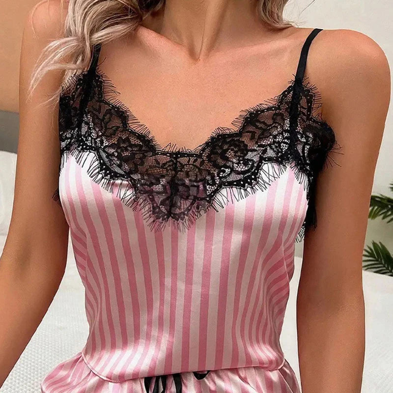 Damen-Pyjama-Shorts-Set mit V-Ausschnitt, sexy Spitze und Straps, lässiges, ärmelloses, sexy Pyjama-Set für Damen.