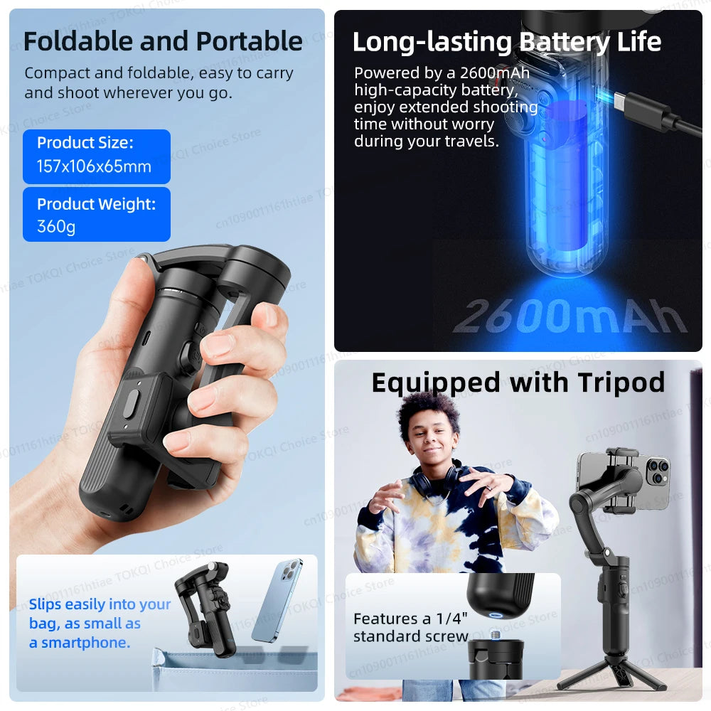 Handheld 3-Axis Gimbal Phone Holder Anti Shake Video Record with Selfie Tripod Stabilizer for Xiaomi iPhone Cellphone Smartphone.