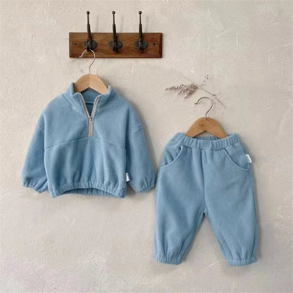 Kids Fleece Warm Set Winter Plus Velvet Outfits Long Sleeved Pullover Tops+Pants 2Pcs Autumn Children's Casual Clothing Suits.