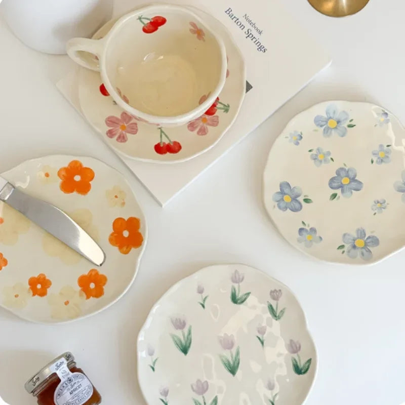 Flower Pattern Ceramic Cup Korean Style Saucer Set Hand Pinched Irregular Coffee Milk Cup Afternoon Tea Tableware Gifts for Home.