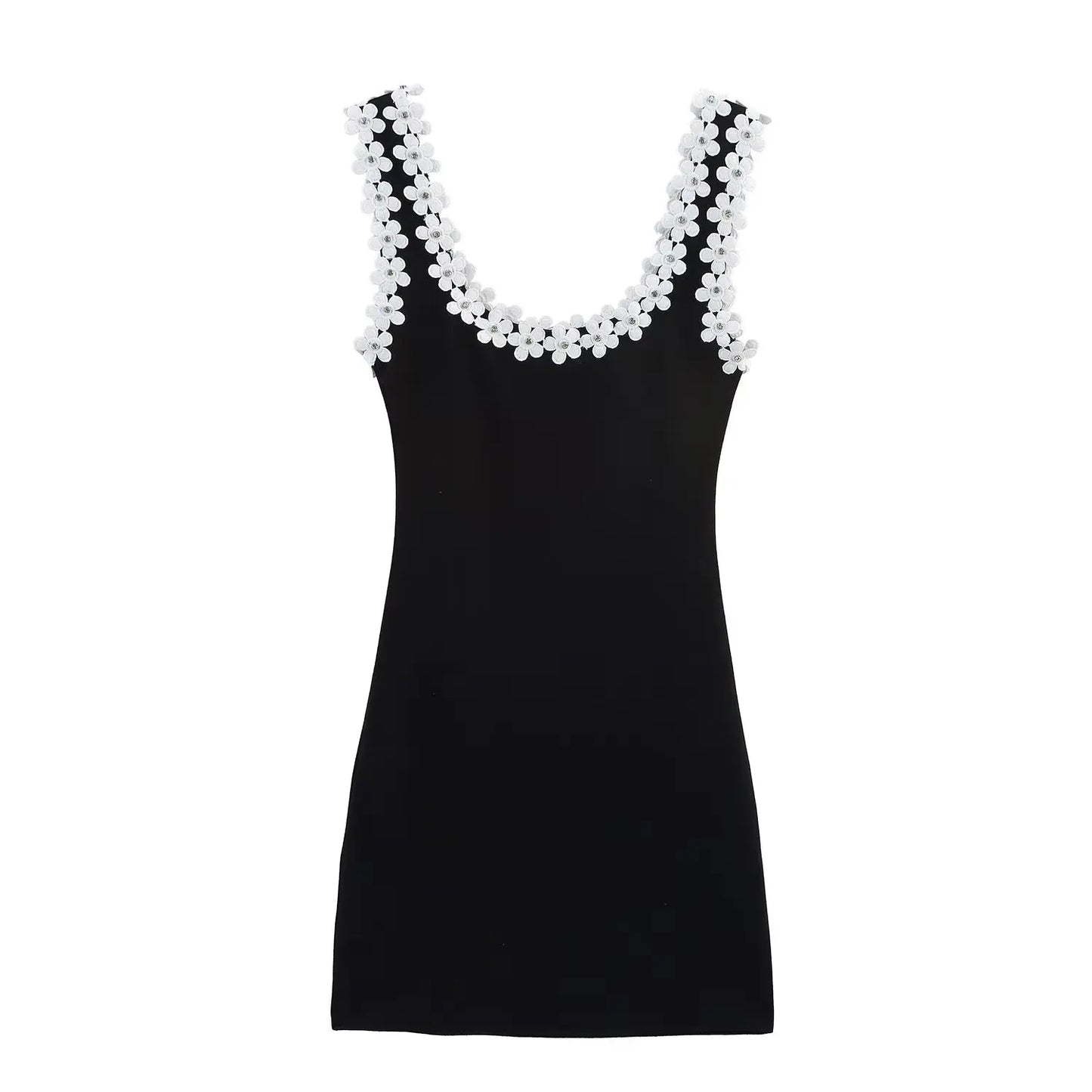 TRAFZA Weibliches Sommer-Sexy-dünnes Kleid, 2-farbig, fester quadratischer Kragen, ärmellos, rückenfrei, Blumendekoration, Damenmode-Kleider.