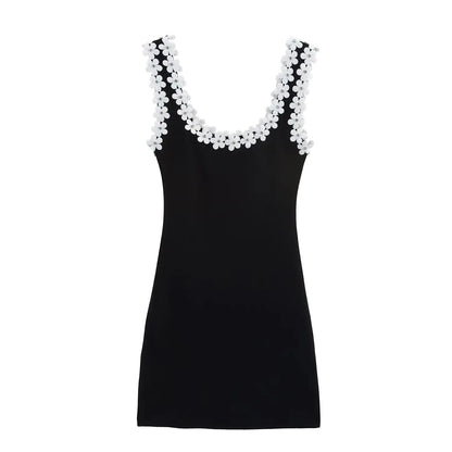 TRAFZA Weibliches Sommer-Sexy-dünnes Kleid, 2-farbig, fester quadratischer Kragen, ärmellos, rückenfrei, Blumendekoration, Damenmode-Kleider.