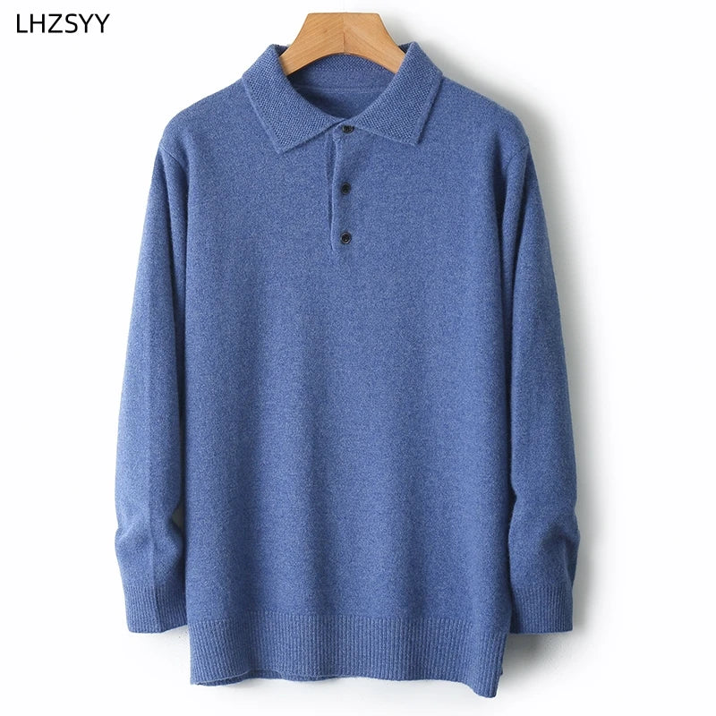 LHZSYY 100%Merino Wool Hot Cardigans Men Lapel Pullover Long Sleeve POLO Neck Sweaters Loose Tops Knit Clothing Large Size Shirt.