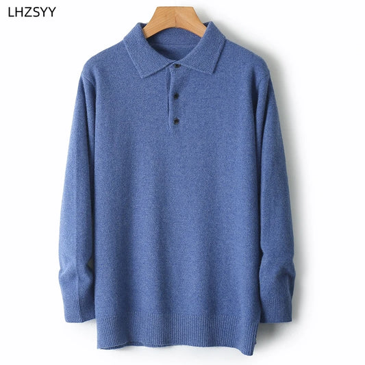 LHZSYY 100%Merino Wool Hot Cardigans Men Lapel Pullover Long Sleeve POLO Neck Sweaters Loose Tops Knit Clothing Large Size Shirt.