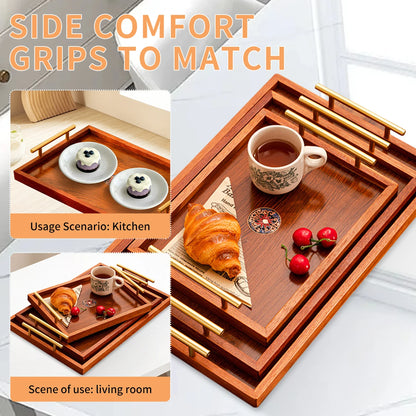 Luxury Wooden Food Tray with Gold Handles (S/M/L) - Coffee Table & Kitchen Decor for Breakfast, Dinner & Bedroom Use.