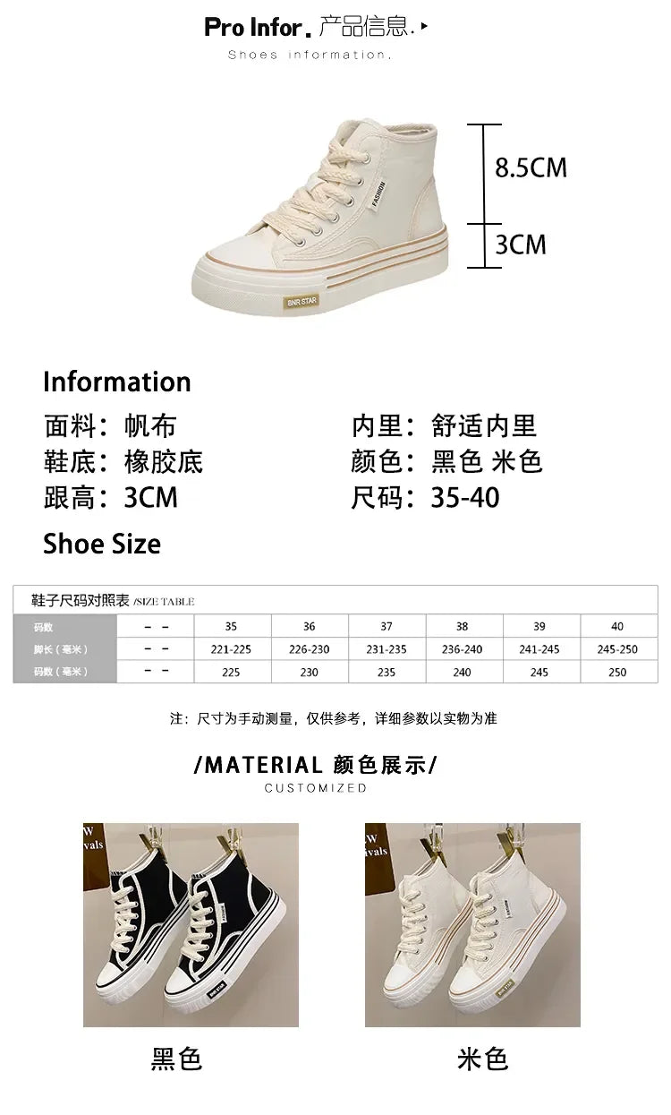 Maogu Women Autumn 2023 New Fashion Thick Platform Leisure Sports Shoe White Sneakers Breathable Casual High Top Canvas Shoes 40.