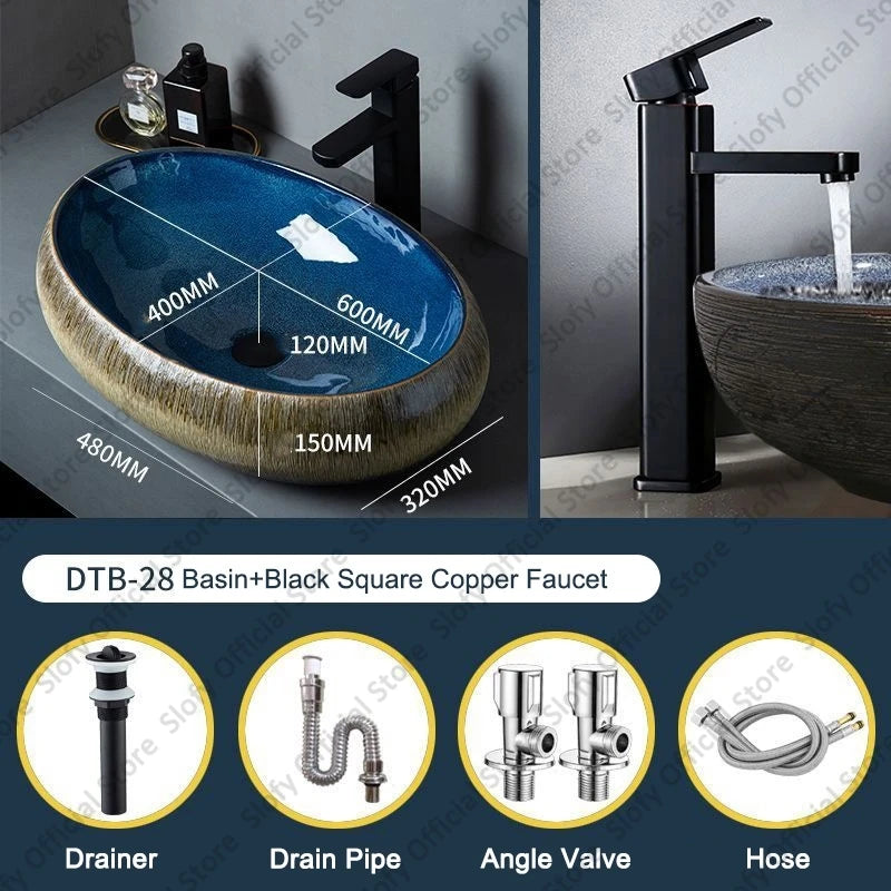 Vintage Elegant Countertop Washbasin Classic Blue Art Hotel Ceramic Basins Sink Multiple Styles Outdoor Balcony Bathroom Sinks