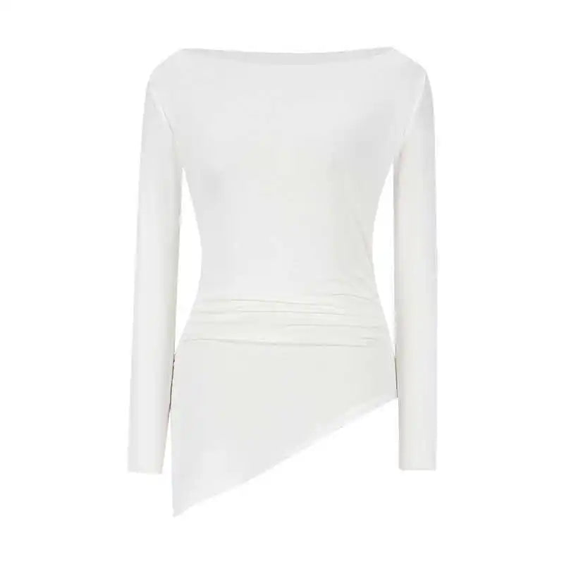 Sexy Long Sleeve T-Shirt Shoulder Bared Waist Cinched Slim Fit Knitted Cotton Solid Color Casual Urban Style for Early Autumn