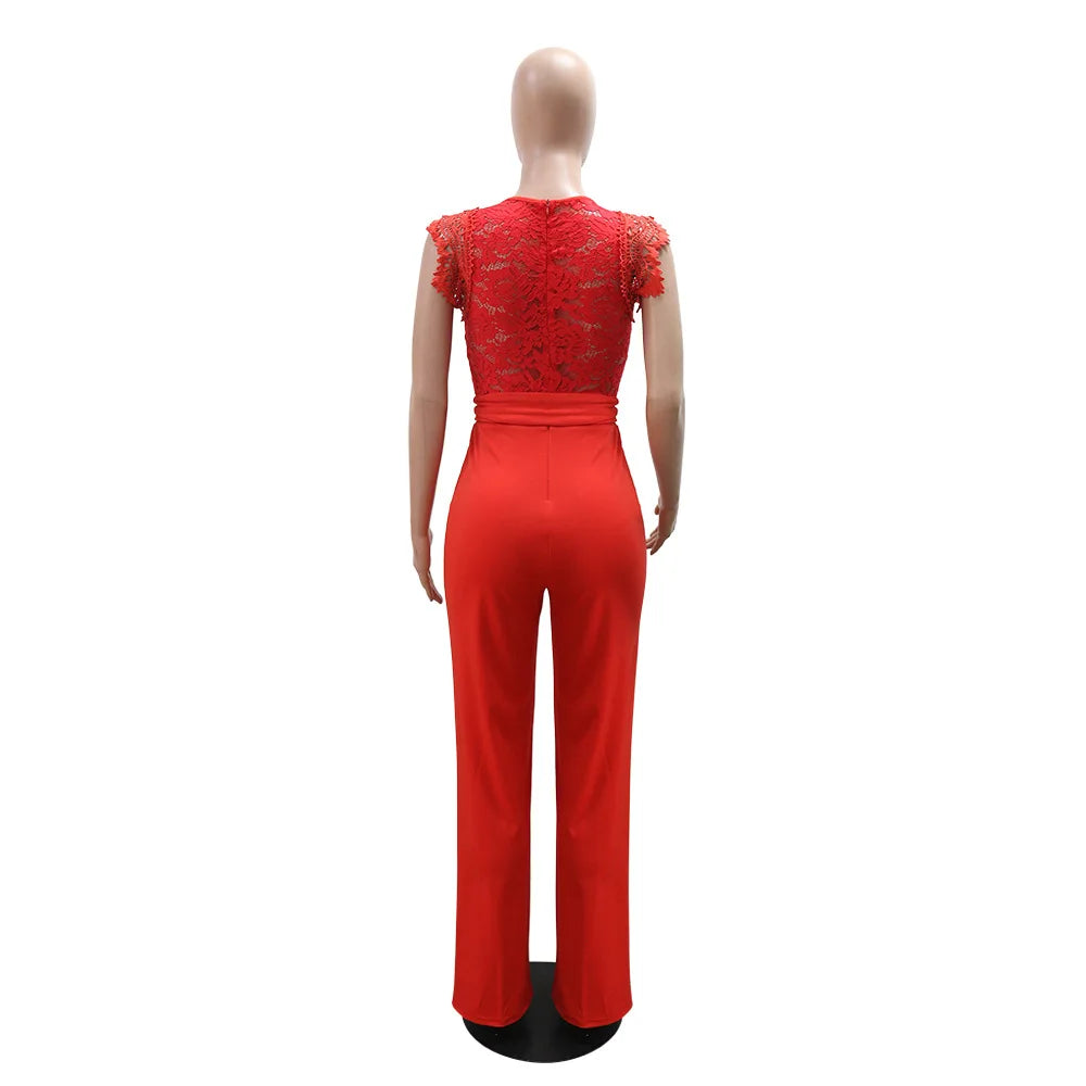 Summer Fashion Lace High Waisted Jumpsuit Women Elegant OL Lace Sleeveless Waistband Straight Jumpsuit Women