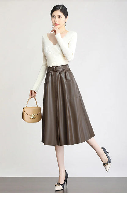 S-5XL New Women Plus Size Leather Skirt Spring Autumn Fashion Stretch Waist A-Line Loose Long Skirt Split Leather Sheepskin
