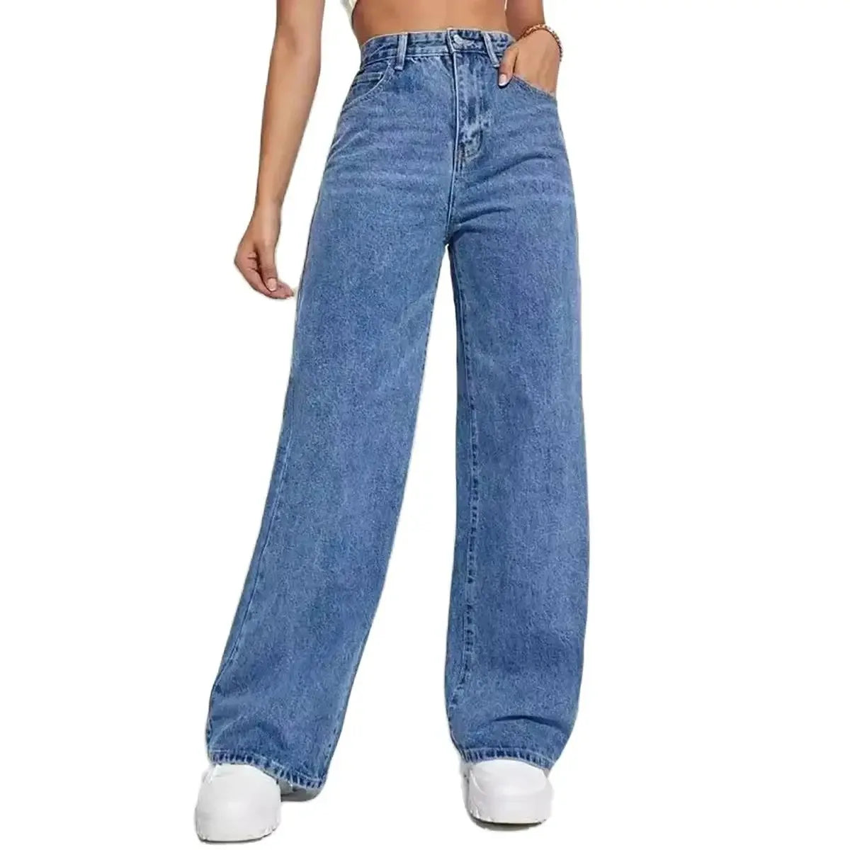 Fashion retro blue jeans women y2k High street baggy straight pants High waisted all-in-one slim pants.