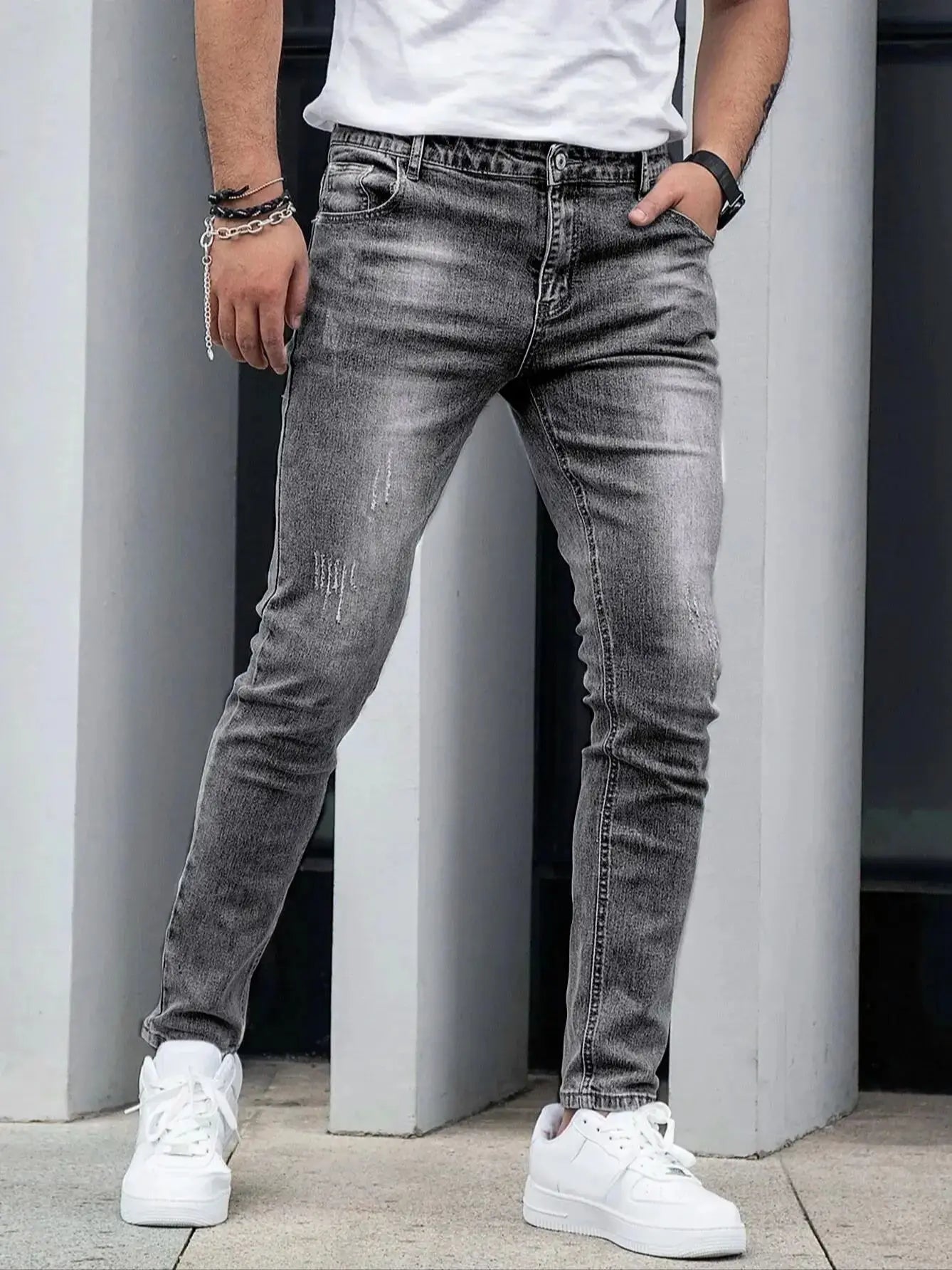 1 Piece of Men's Four-Season Snowflake Washed Fashion Jeans, Stretch Slim Fit Light Gray Dark Black Casual Denim Pants, Normcore and Fashionable, Suitable for Everyday Wear.