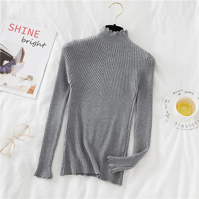 2026 weibliche Dünne Koreanische Strickwaren Tops Herbst Winter Pullover Frauen Hohl-out Pullover Langarm Rollkragenpullover.