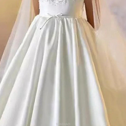 Weißes Mädchen-Hochzeits-Blumenmädchenkleid für Kinder, ärmellos, Ballkleid, langer Zug, Party, Festzug, Klavier, Rezital, Geburtstag, Leistung, Neu.