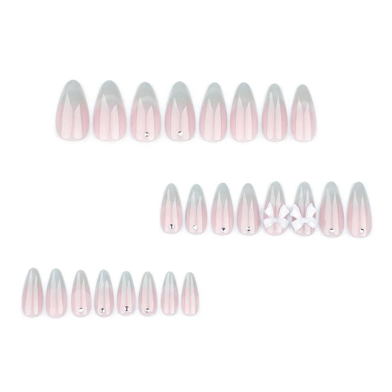 24pcs Sweet Cat Eye French Press on Nails Diamond-Pointed Three Dimensional Bow Knot Wearable Nail For Women&Girl Almond Nail.