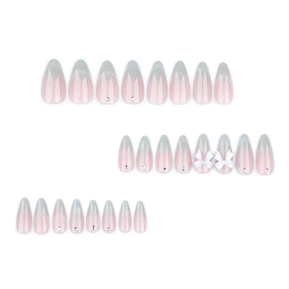 24pcs Sweet Cat Eye French Press on Nails Diamond-Pointed Three Dimensional Bow Knot Wearable Nail For Women&Girl Almond Nail.
