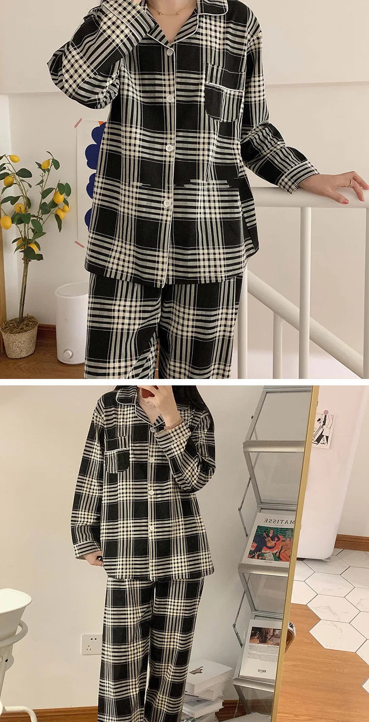 Spring and Autumn New Couples Pajamas Homewear Suit Female Is Christmas Plaid Thin Section Long-Sleeved Simple Leisure Homewear.
