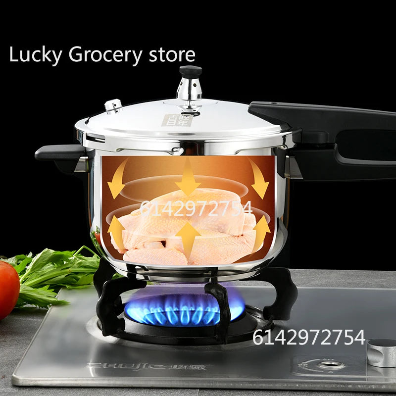 Stainless steel pressure cooker, stove compatible, used for safe cooking, canning, and stewing.