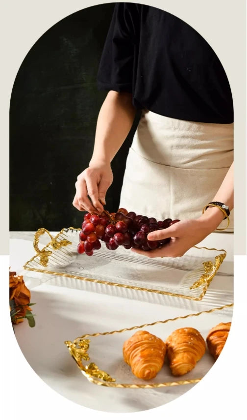 Gold-rimmed Glass Plates, Luxury Fruit Plates, Snacks, Cakes, Snacks, Bread Tray, Binaural Glass Plates, Rectangular Trays.