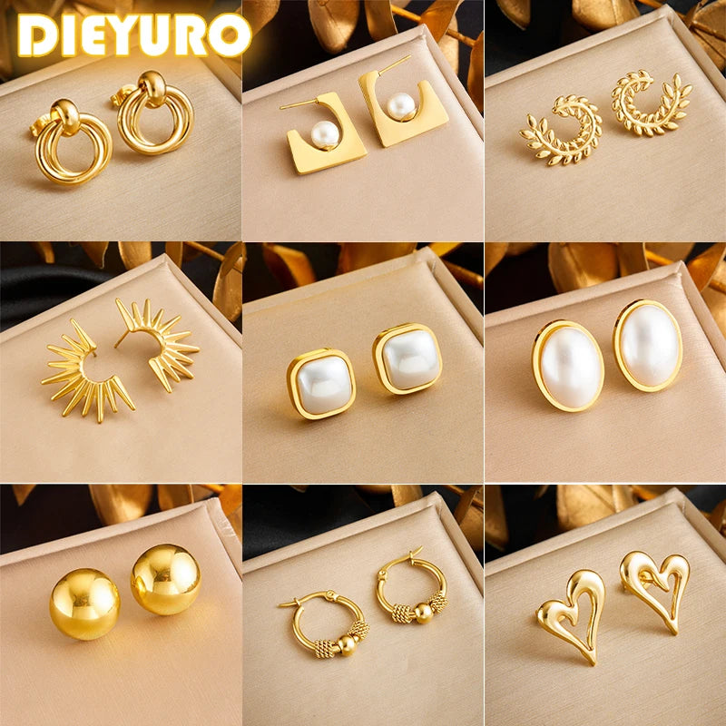 DIEYURO 316L Stainless Steel Love Pearl Round Square Fan Shaped Irregular Design Earrings Women New Trend Ear Jewelry Gift Party.