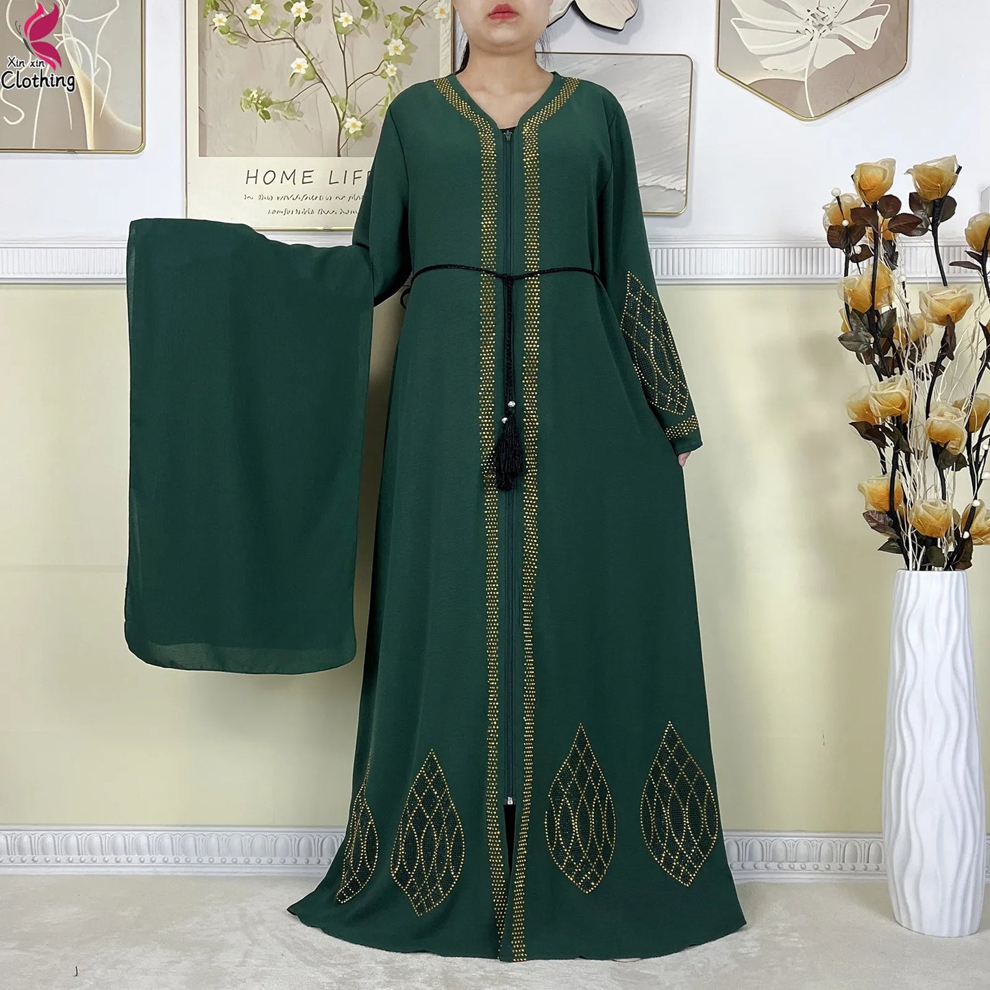 New Dubai Women Elegant Dress Diamonds Chiffon Open Abaya with Zipper Islamic Turkey Clothing Women Muslim Party Evening Dress