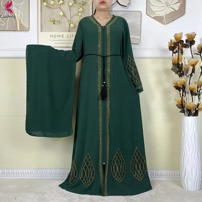 New Dubai Women Elegant Dress Diamonds Chiffon Open Abaya with Zipper Islamic Turkey Clothing Women Muslim Party Evening Dress