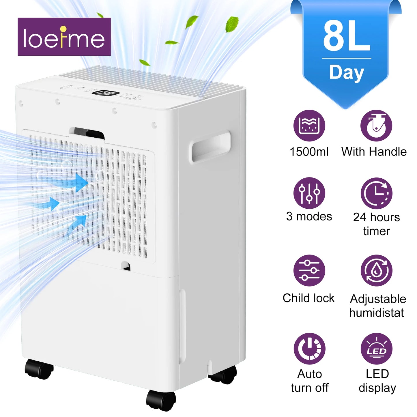 LOEFME 8L/Day Air Dehumidifier Moisture Absorber Home Air Dryer 1.5L Water Tank with 3M Hose For Home Basement Bathroom Wardrobe.