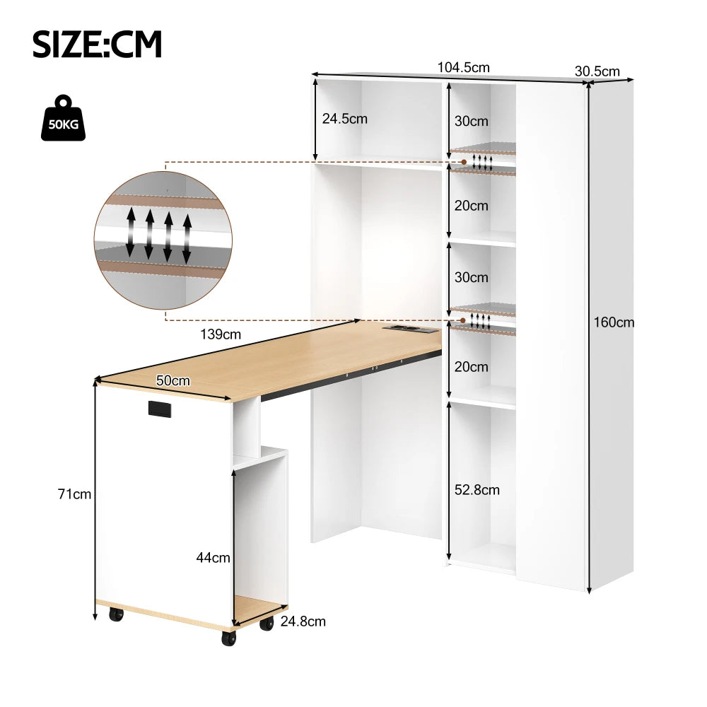 Klappbarer Schreibtisch mit 2-in-1-Bücherregal und klappbarem Schreibtisch mit Steckdose und USB-Anschluss, höhenverstellbare Regale, kippsicherer Schutz