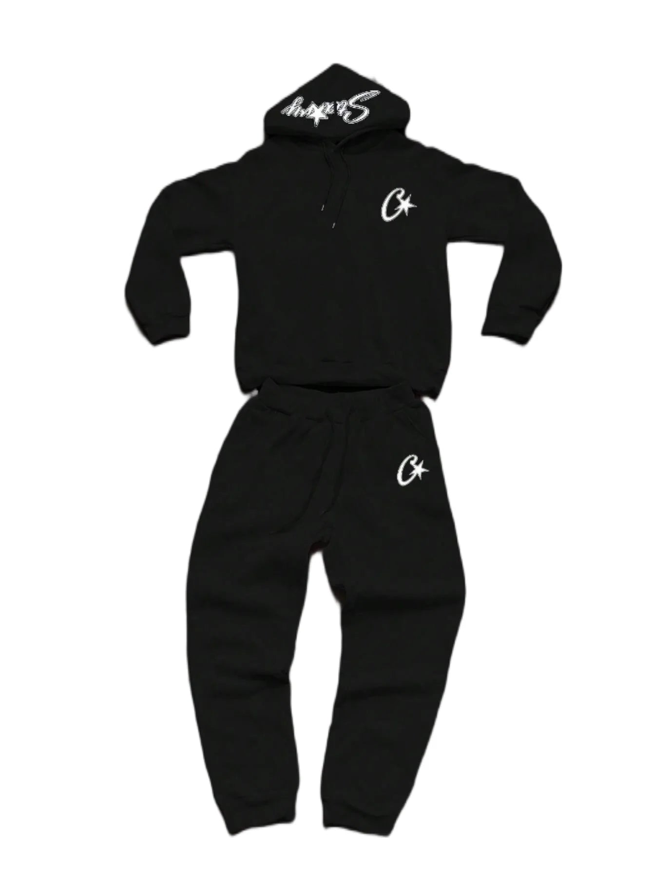 Two-piece black suit Y2K fashion pattern hoodie men clothing Harajuku Gothic women chic sports pants couple suit sportswear.
