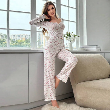 Herbst Winter Pyjama Set Frauen Nachtwäsche Blumen Druck Salat Trim Top mit Lange Hose Schöne Loungewear Volle Hülse Nachtwäsche.