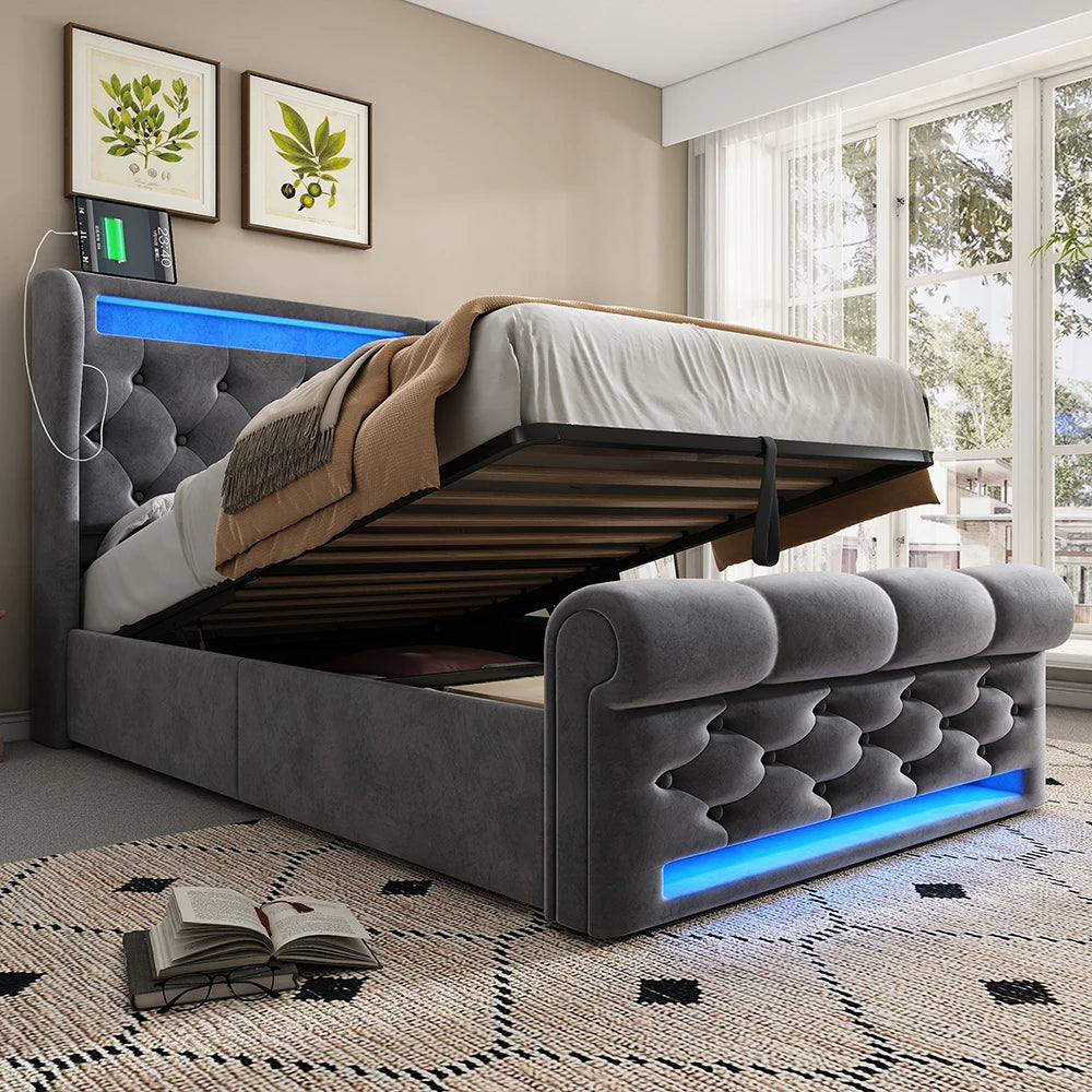 KOMHTOM Modernes Polsterbett Einzelbett 90x200cm mit LED-Leuchten, USB- und Typ-C-Anschlüssen, Hydraulisches Stauraumbett