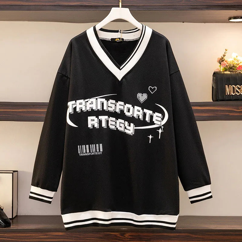 150Kg Plus Größe frauen Fehlschlag 157 Frühling Herbst Lose V-ausschnitt Langarm Drucken Sweatshirts Lässige Top Schwarz 5XL 6XL 7XL 8XL 9XL