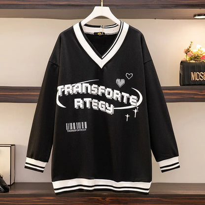 150Kg Plus Größe frauen Fehlschlag 157 Frühling Herbst Lose V-ausschnitt Langarm Drucken Sweatshirts Lässige Top Schwarz 5XL 6XL 7XL 8XL 9XL