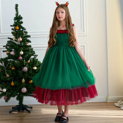 Mädchen Rot Grün Weihnachten Ballkleid Kinder Hochzeit Ball Party Abendkleid Prinzessin Vestido Kinder Karneval Leistung Kleidung.