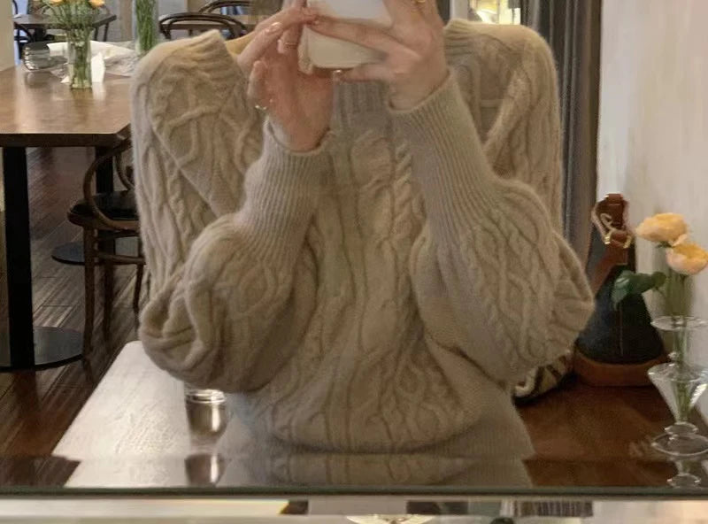 Frauen Square Neck Verdicken Rippe Pullover Laterne Hülse Lose Büro Stricken Pullover Frauen Herbst Winter Casual Feste Warme Pullover.