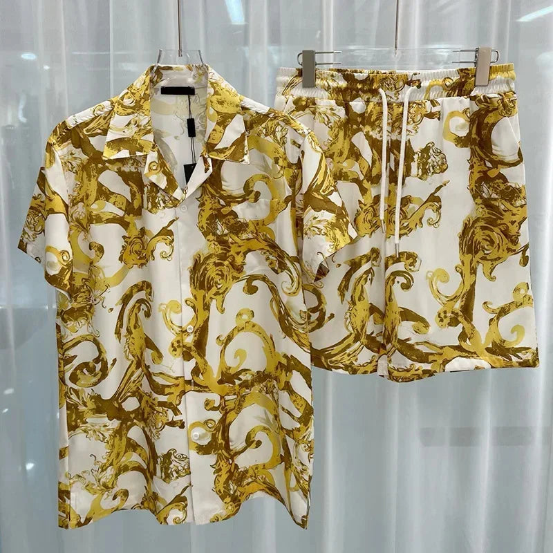 Summer Retro Men Shirt Set3Dprinted Beach Short Sleeved Shirt Shorts Casual Travel Mens Hawaiian 2 Piece Suit Comfortable Casual.