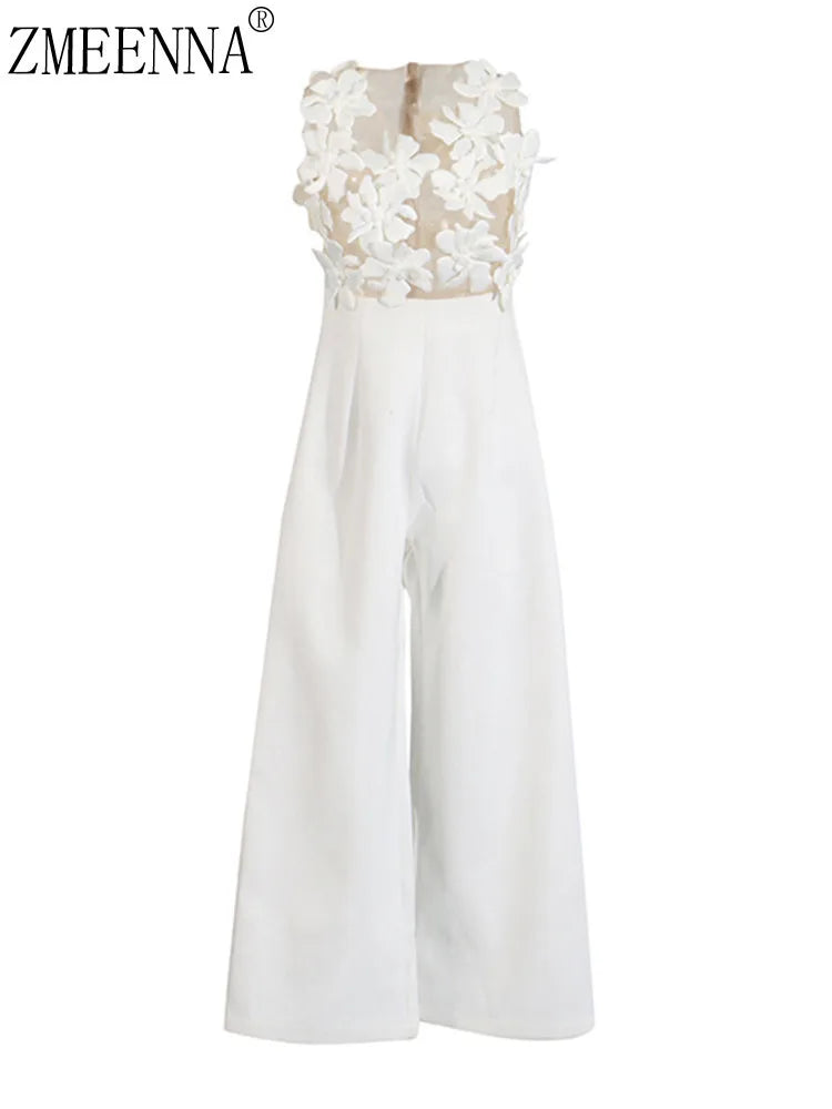ZMEENNA Elegant White Floral Applique Jumpsuit For Women Sleeveless Wide Leg Romper With Sheer Mesh Top Perfect ZM726.