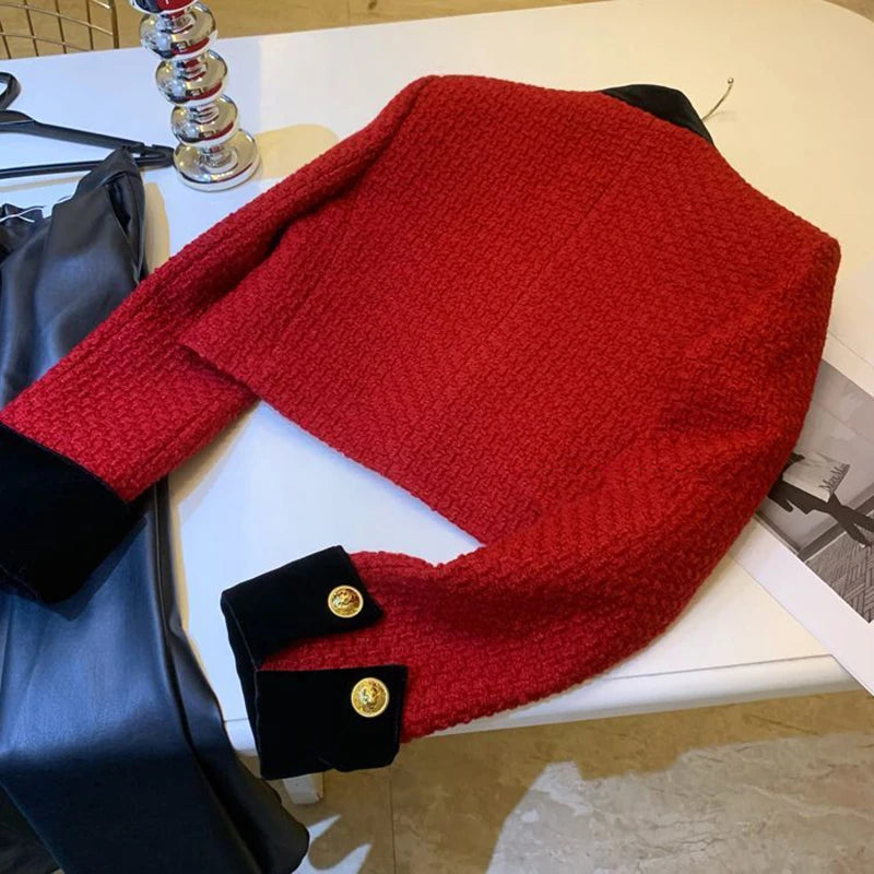 Mode Nähen Tweed Kurze Jacke Frauen Herbst Winter Elegante Büro Dame Mantel Y2K Koreanische O Neck Einreiher Crop Outwear.