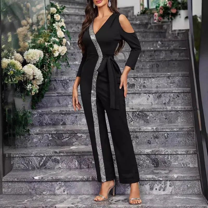 2025 Elegant Spring Summer Women Corset Jumpsuit Overalls Sexy Long Sleeve V Neck Sequins Straight Trousers Romper Onepieces.