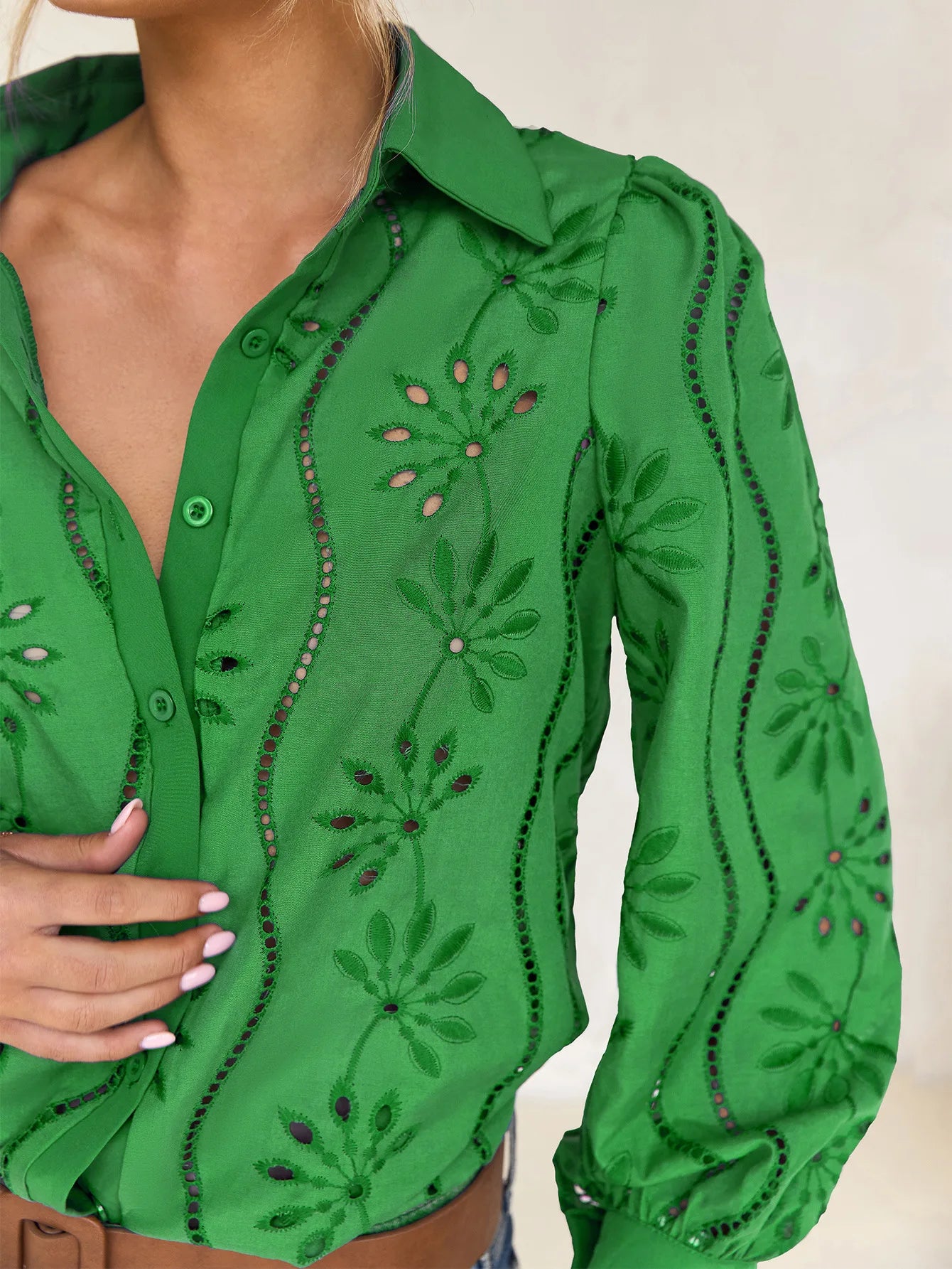 2025 Autumn New Solid Shirt Casual Loose Fashion Hollow Puff Sleeve Cardigan Tops For Women Office Black Hollow out Blouses