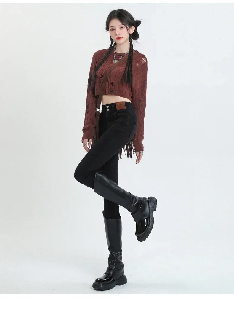 Spring Autumn 2024 New Style High-Waisted Black Jeans Women's Versatile Elastic Slimming Pencil Pants Fashionable Chinese Style.