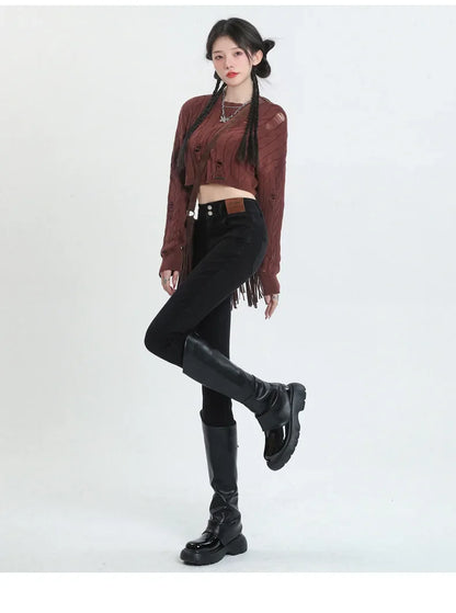 Spring Autumn 2024 New Style High-Waisted Black Jeans Women's Versatile Elastic Slimming Pencil Pants Fashionable Chinese Style.